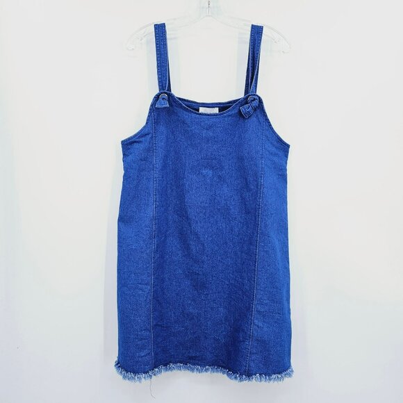Hayden Los Angeles Dress M Blue Jean Denim Overall Knot Cotton Fringe Hem Boho - Picture 10 of 10